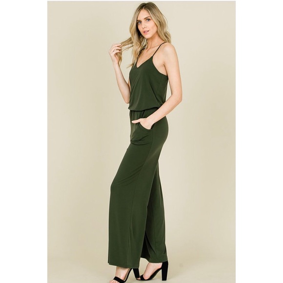 Olive Sleeveless Flare Pocket Jumpsuit - Picture 2 of 5